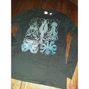New Medium Long Sleeve Cotton Octapus Black Blue Tee TShirt Top NWT